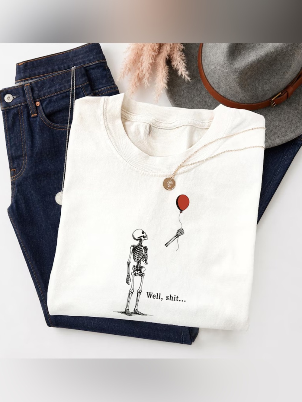 Gildan Cream Skeleton & Red Balloon Graphic T-Shirt